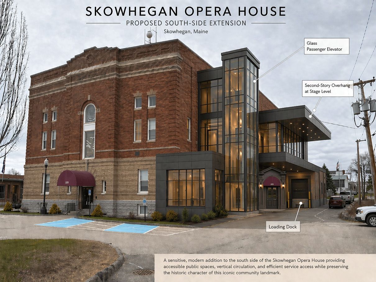 An AI-generated view of what an addition to back of Skowhegan Town Hall could look like.