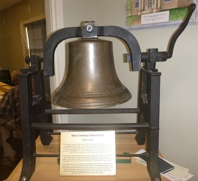 The “New Century School Bell” on display at the Belgrade Town Office.